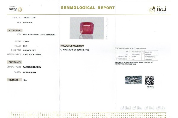 IIGJ Research & Laboratories | GJEPC Report for 2.7 cts Unheated Natural Ruby (Manikya)