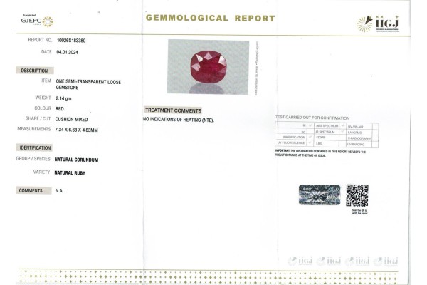 IIGJ Research & Laboratories | GJEPC Report for 2.14 cts Unheated Natural Ruby (Manikya)