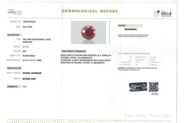 IIGJ Research & Laboratories | GJEPC Report for 4.71 cts Natural Ruby - Mozambique (Manikya)
