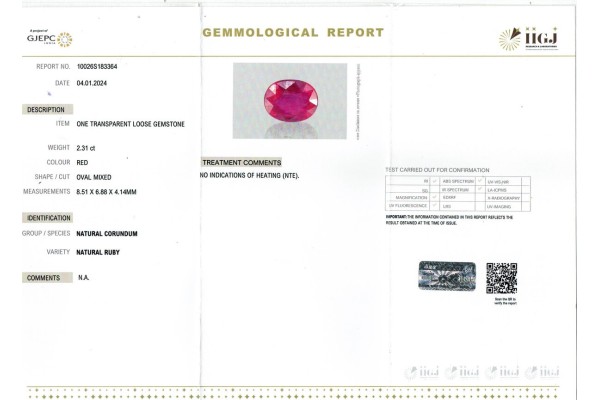 IIGJ Research & Laboratories | GJEPC Report for 4.31 cts Unheated Natural Ruby (Manikya) - Earring Pair