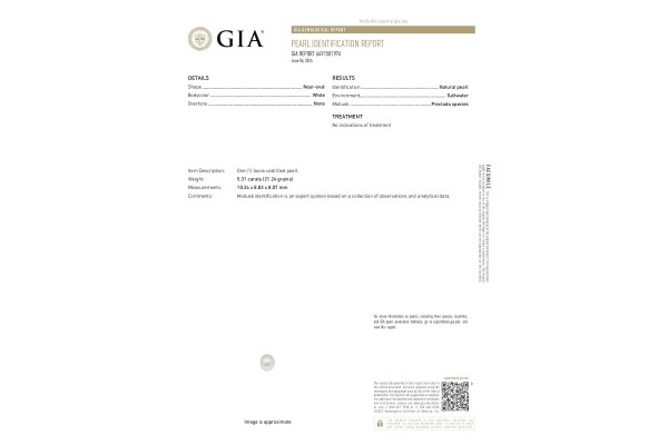 Gemological Institute of America Report for 5.31 cts Natural Pearl (Moti)