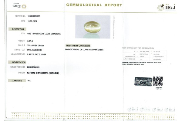 IIGJ Research & Laboratories | GJEPC Report for 3.17 cts Natural Cats Eye (Lehsunia)