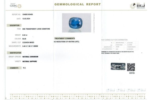 IIGJ Research & Laboratories | GJEPC Report for 6.02 cts Unheated Natural Blue Sapphire (Neelam)