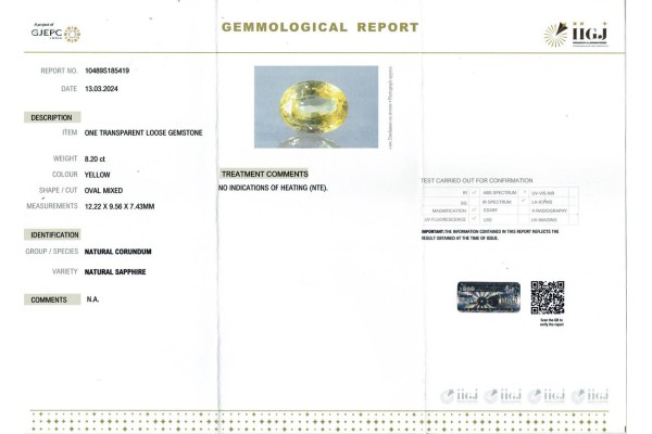 IIGJ Research & Laboratories | GJEPC Report for 8.2 cts Unheated Natural Yellow Sapphire (Pukhraj)