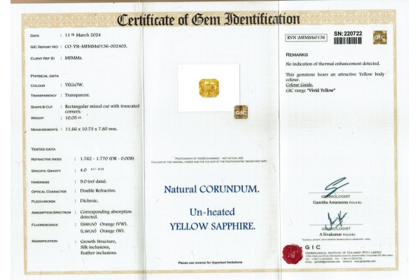 Gemmological Institute of Colombo Report for 10.05 cts Unheated Natural Yellow Sapphire (Pukhraj)