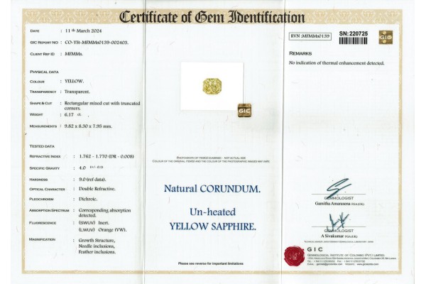 Gemmological Institute of Colombo Report for 6.17 cts Unheated Natural Yellow Sapphire (Pukhraj)