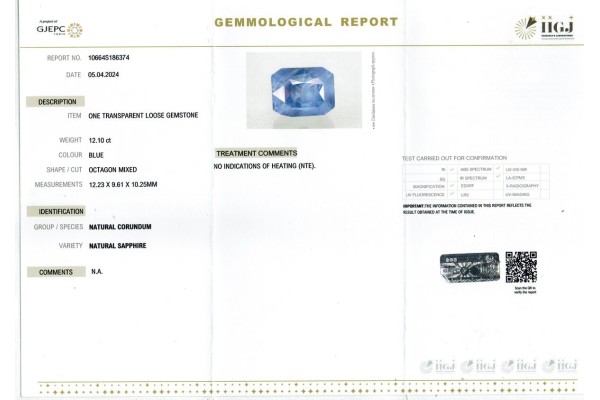 IIGJ Research & Laboratories | GJEPC Report for 12.1 cts Unheated Natural Blue Sapphire (Neelam)