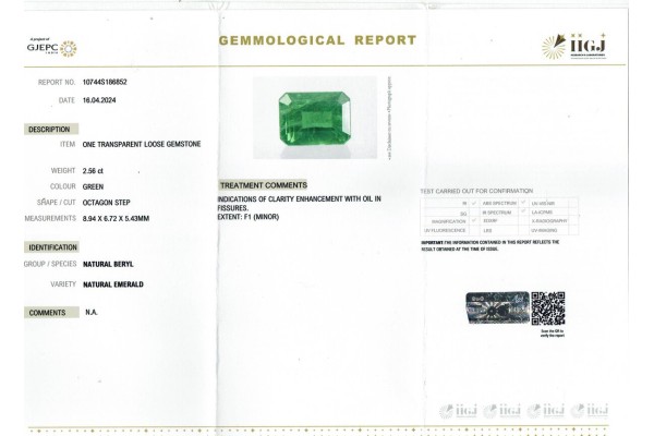 IIGJ Research & Laboratories | GJEPC Report for 2.56 cts Natural Emerald (Panna)