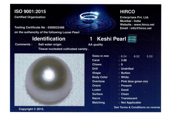 HIRCO Enterprises Pvt Ltd Report for 2.88 cts Cultured Pearl (Moti)