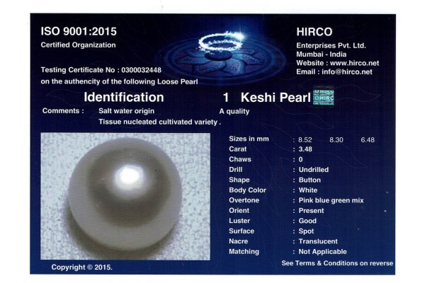 HIRCO Enterprises Pvt Ltd Report for 3.48 cts Cultured Pearl (Moti)