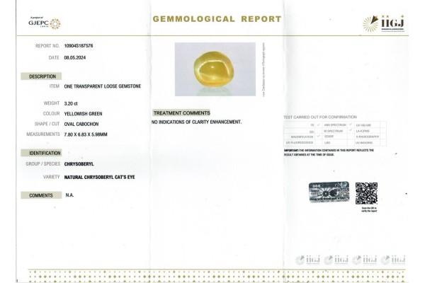 IIGJ Research & Laboratories | GJEPC Report for 3.2 cts Natural Cats Eye (Lehsunia)