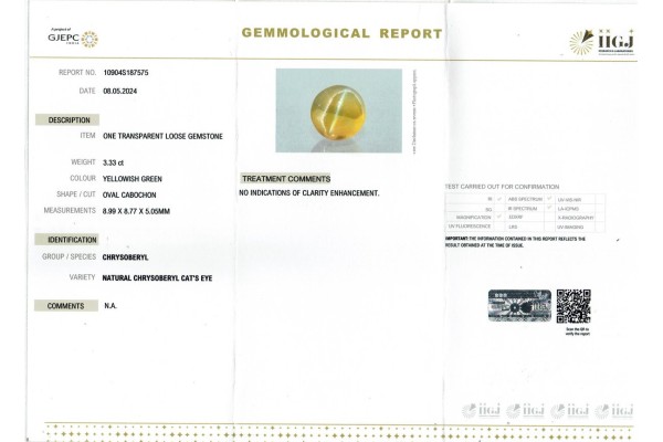 IIGJ Research & Laboratories | GJEPC Report for 3.33 cts Natural Cats Eye (Lehsunia)