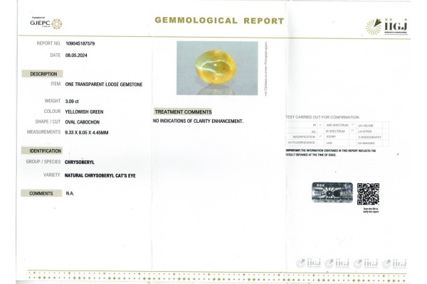 IIGJ Research & Laboratories | GJEPC Report for 3.09 cts Natural Cats Eye (Lehsunia)