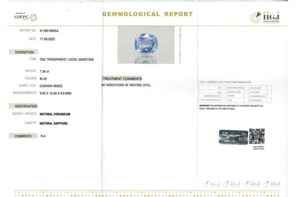 IIGJ Research & Laboratories | GJEPC Report for 7.36 cts Unheated Natural Blue Sapphire (Neelam)