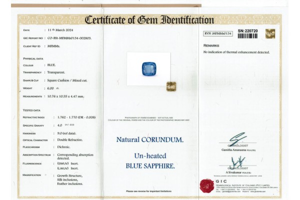 Gemmological Institute of Colombo Report for 6 cts Unheated Natural Blue Sapphire (Neelam)