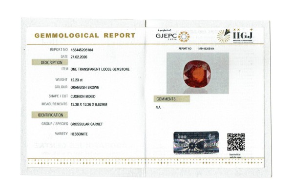 IIGJ Research & Laboratories | GJEPC Report for 12.23 cts Natural Hessonite Garnet (Gomedh)