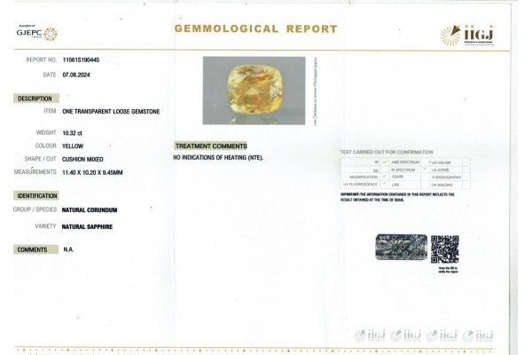 IIGJ Research & Laboratories | GJEPC Report for 10.32 cts Unheated Natural Yellow Sapphire (Pukhraj)