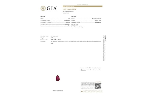 Gemological Institute of America Report for 1.57 cts Unheated Natural Ruby - Mozambique (Manikya)