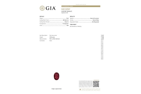 Gemological Institute of America Report for 3.58 cts Unheated Natural Ruby (Manikya)