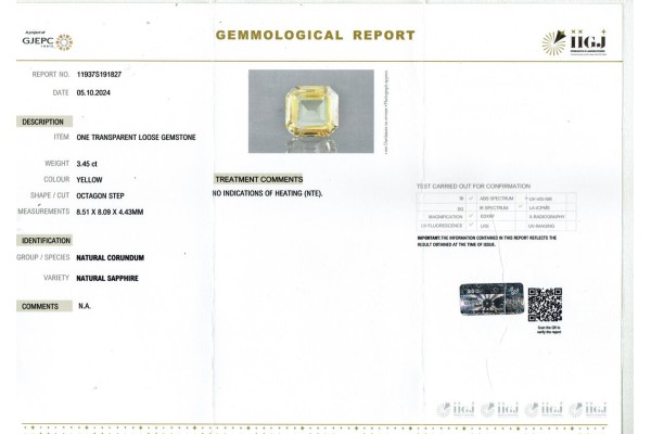 IIGJ Research & Laboratories | GJEPC Report for 3.45 cts Unheated Natural White Sapphire (White Pukhraj)