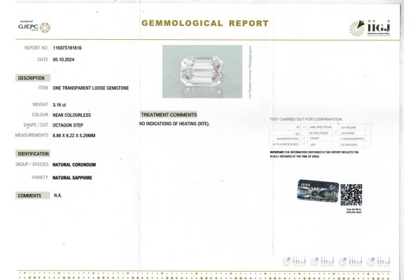 IIGJ Research & Laboratories | GJEPC Report for 3.16 cts Unheated Natural White Sapphire (White Pukhraj)