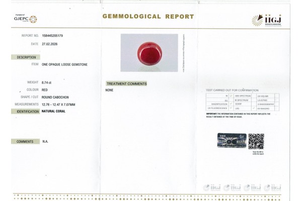 IIGJ Research & Laboratories | GJEPC Report for 8.74 cts Natural Coral (Moonga)