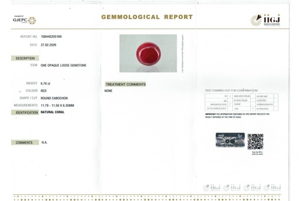 IIGJ Research & Laboratories | GJEPC Report for 6.76 cts Natural Coral (Moonga)