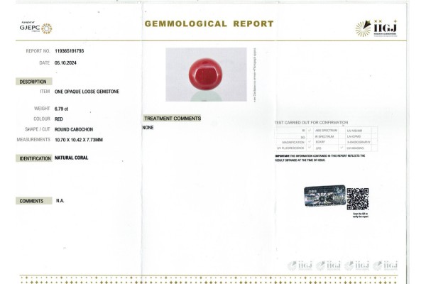 IIGJ Research & Laboratories | GJEPC Report for 6.79 cts Natural Coral (Moonga)
