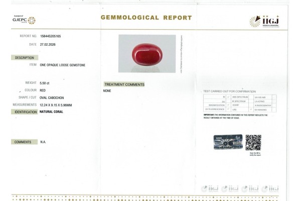 IIGJ Research & Laboratories | GJEPC Report for 5.5 cts Natural Coral (Moonga)