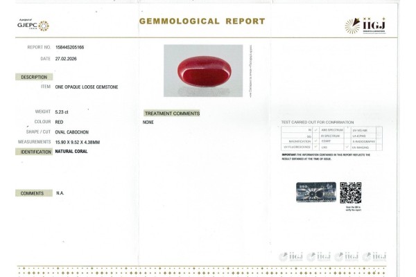 IIGJ Research & Laboratories | GJEPC Report for 5.23 cts Natural Coral (Moonga)