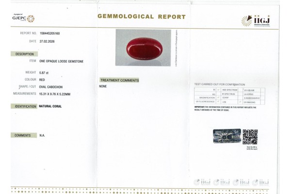 IIGJ Research & Laboratories | GJEPC Report for 5.87 cts Natural Coral (Moonga)