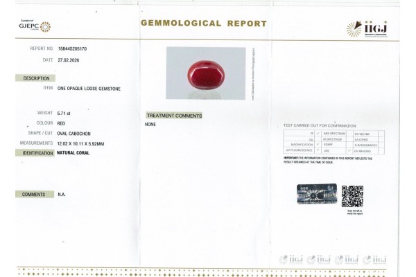 IIGJ Research & Laboratories | GJEPC Report for 5.71 cts Natural Coral (Moonga)