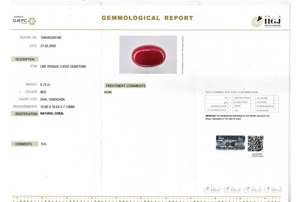 IIGJ Research & Laboratories | GJEPC Report for 9.73 cts Natural Coral (Moonga)