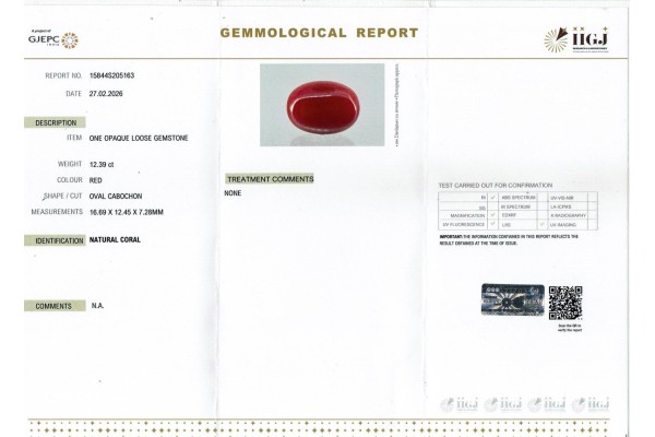 IIGJ Research & Laboratories | GJEPC Report for 12.39 cts Natural Coral (Moonga)