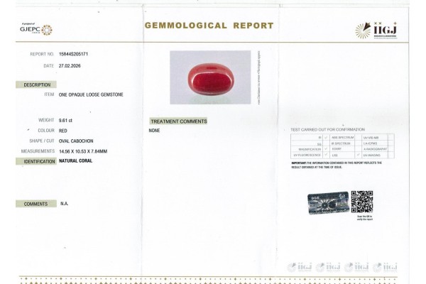 IIGJ Research & Laboratories | GJEPC Report for 9.61 cts Natural Coral (Moonga)