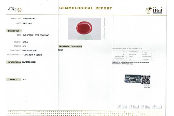 IIGJ Research & Laboratories | GJEPC Report for 4.8 cts Natural Coral (Moonga)