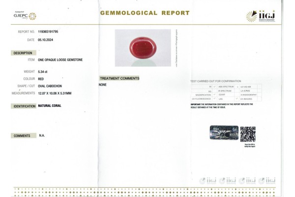 IIGJ Research & Laboratories | GJEPC Report for 5.34 cts Natural Coral (Moonga)