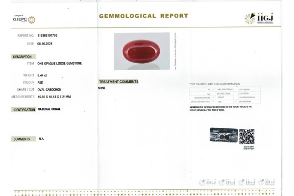 IIGJ Research & Laboratories | GJEPC Report for 8.44 cts Natural Coral (Moonga)
