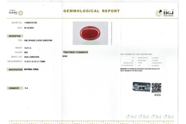 IIGJ Research & Laboratories | GJEPC Report for 14.21 cts Natural Coral (Moonga)
