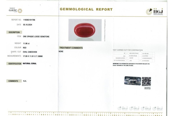 IIGJ Research & Laboratories | GJEPC Report for 11.96 cts Natural Coral (Moonga)