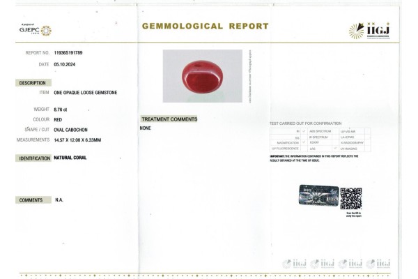 IIGJ Research & Laboratories | GJEPC Report for 8.76 cts Natural Coral (Moonga)