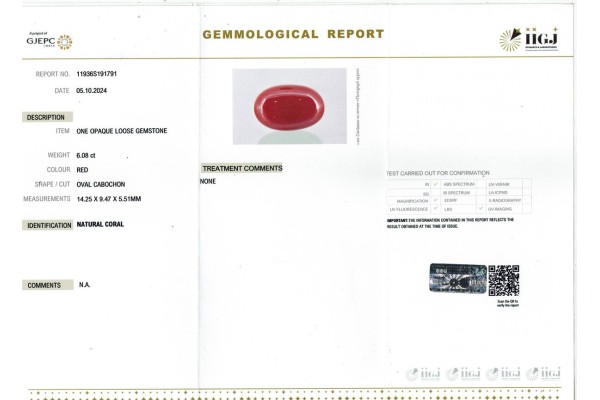IIGJ Research & Laboratories | GJEPC Report for 6.08 cts Natural Coral (Moonga)