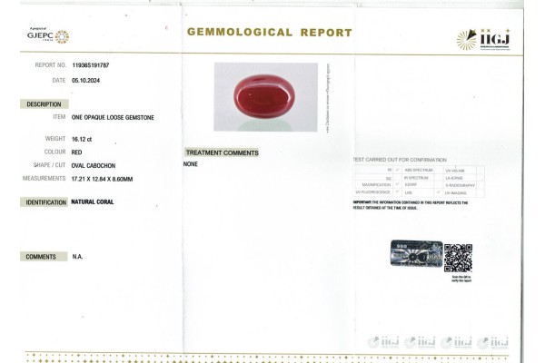 IIGJ Research & Laboratories | GJEPC Report for 16.12 cts Natural Coral (Moonga)