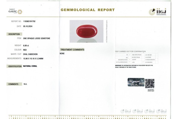 IIGJ Research & Laboratories | GJEPC Report for 6.89 cts Natural Coral (Moonga)