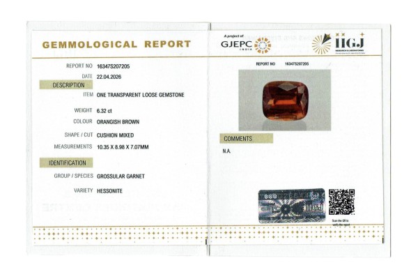 IIGJ Research & Laboratories | GJEPC Report for 6.32 cts Natural Hessonite Garnet (Gomedh)