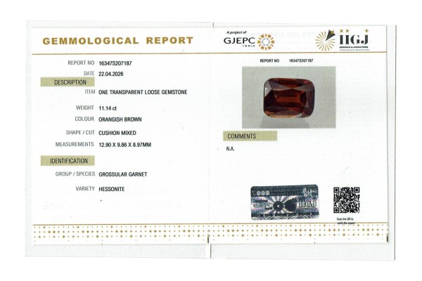 IIGJ Research & Laboratories | GJEPC Report for 11.14 cts Natural Hessonite Garnet (Gomedh)