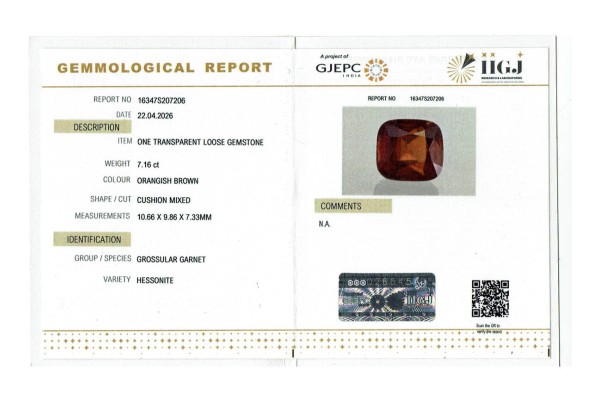 IIGJ Research & Laboratories | GJEPC Report for 7.16 cts Natural Hessonite Garnet (Gomedh)