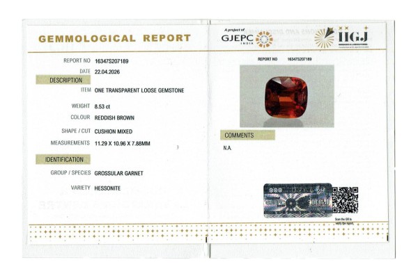 IIGJ Research & Laboratories | GJEPC Report for 8.53 cts Natural Hessonite Garnet (Gomedh)