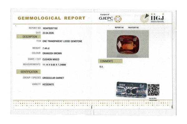 IIGJ Research & Laboratories | GJEPC Report for 7.44 cts Natural Hessonite Garnet (Gomedh)