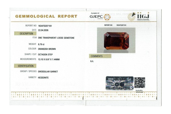 IIGJ Research & Laboratories | GJEPC Report for 8.79 cts Natural Hessonite Garnet (Gomedh)